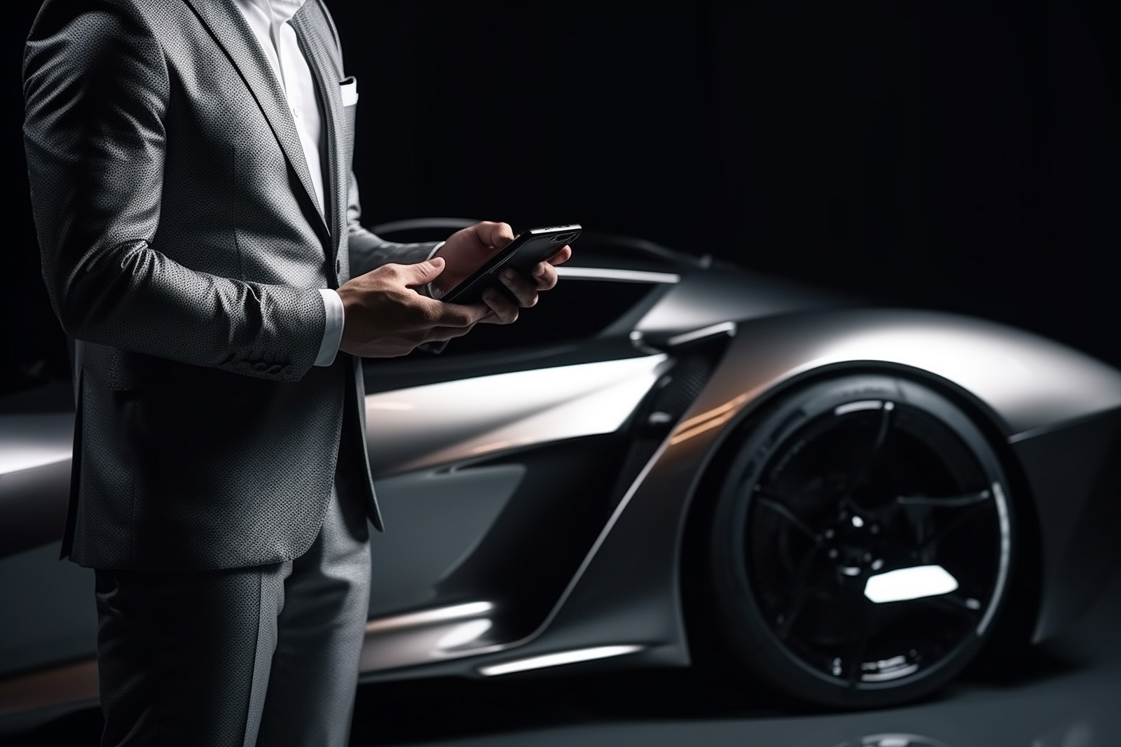 Businessman holding smart phone standing by the super car. High quality photo